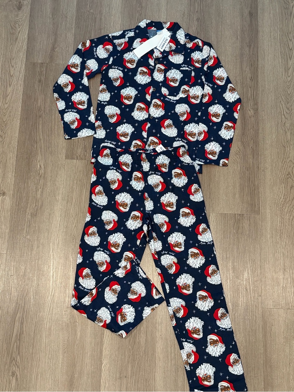 Old Navy Navy Blue Santa Face Kids Pajama Set with Red Accents